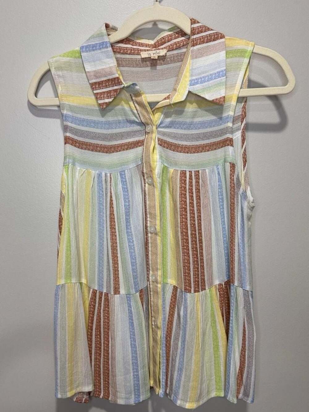 La Miel Cinnamon Stripe Tiered Sleeveless Button Down Top